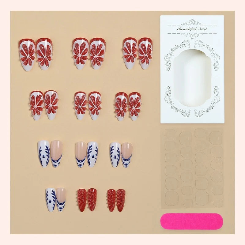 Press-On Nail Set Floral Designs Adhesive Tabs & Long-Lasting Wear
