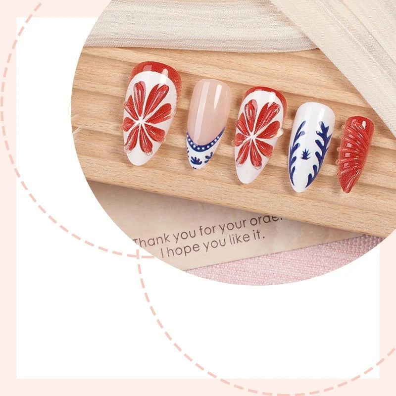 Press-On Nail Set Floral Designs Adhesive Tabs & Long-Lasting Wear