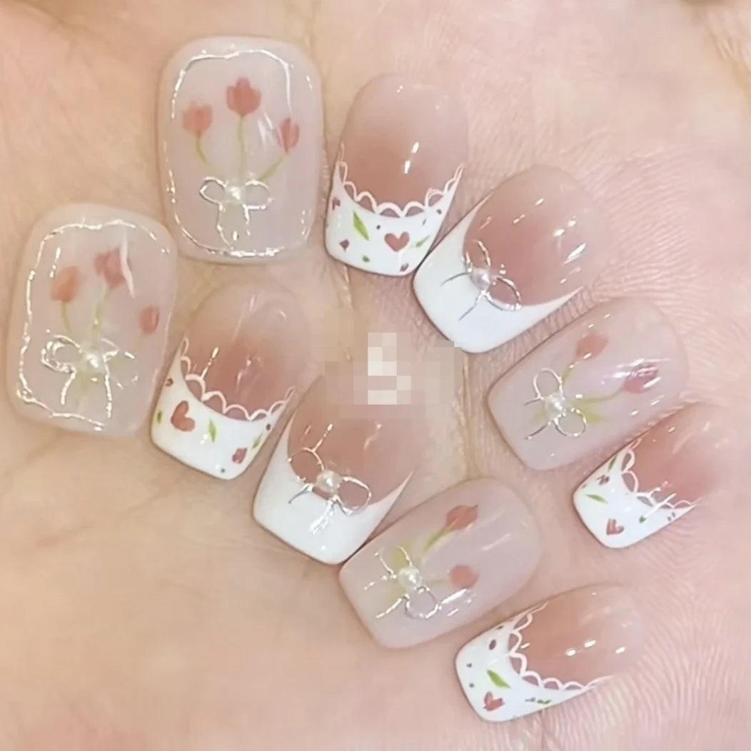 Press-On Nail Set Floral Designs Easy Application Multiple Sizes