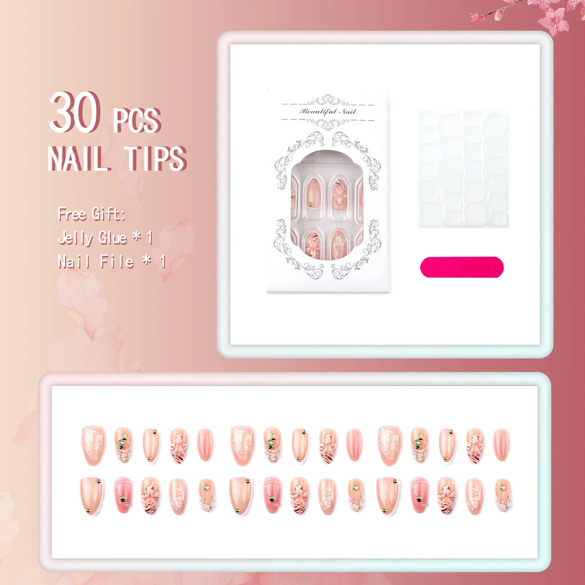 Press-On Nail Set Floral Designs Glue-Free & Reusable