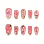 Press-On Nail Set Floral Designs & Gold Accents