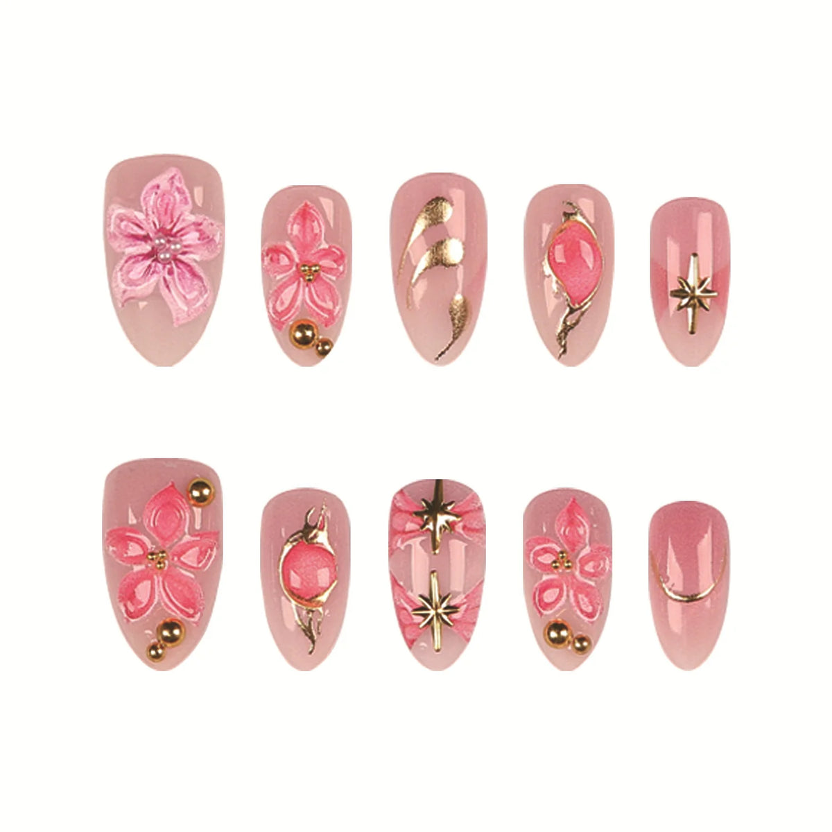 Press-On Nail Set Floral Designs & Gold Accents