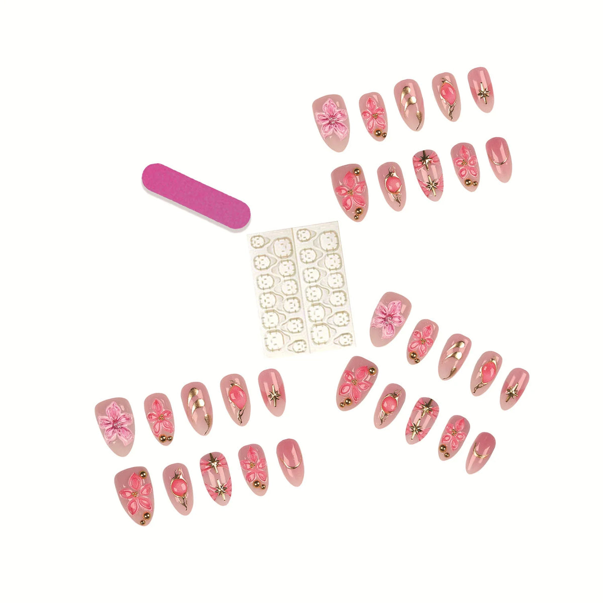 Press-On Nail Set Floral Designs & Gold Accents