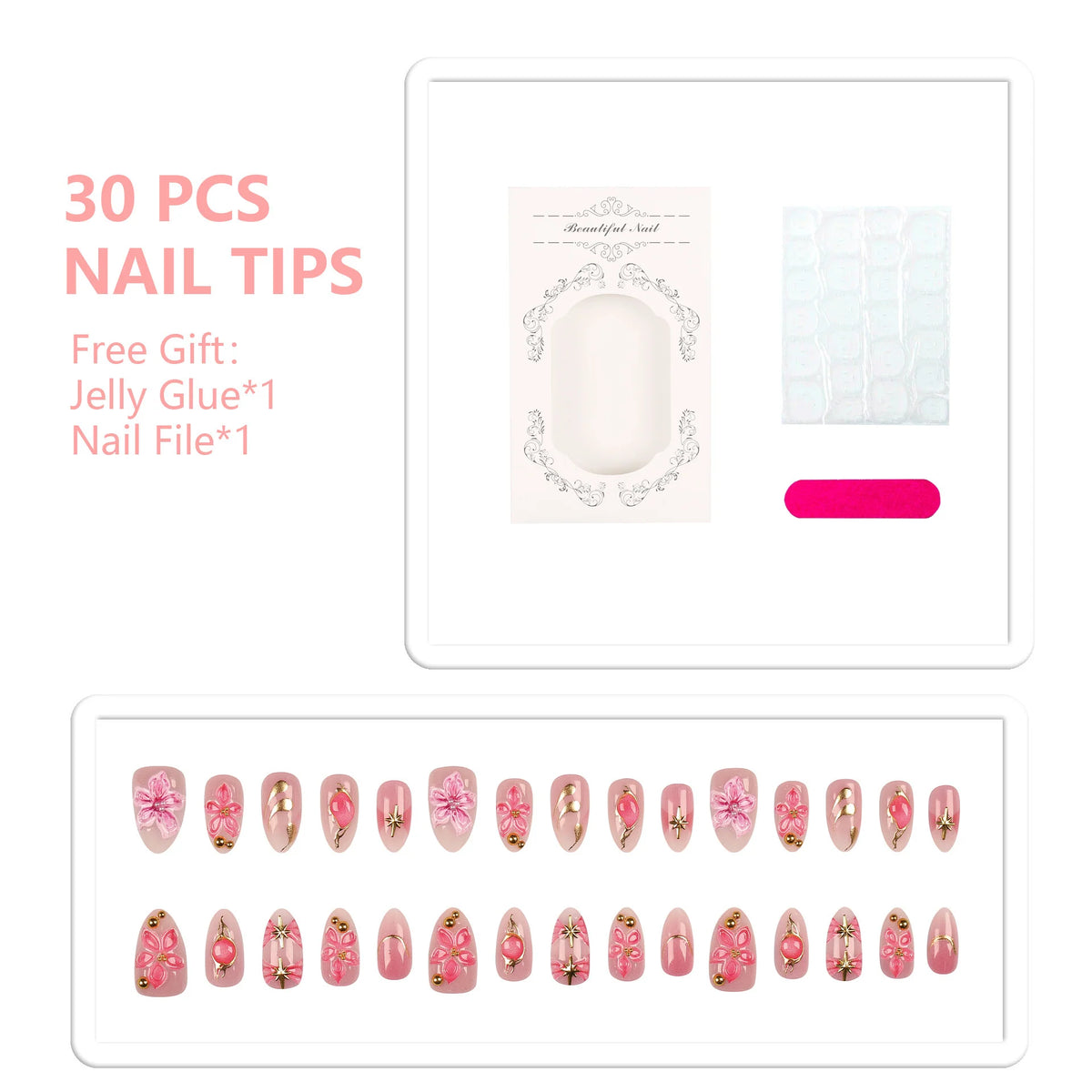 Press-On Nail Set Floral Designs & Gold Accents
