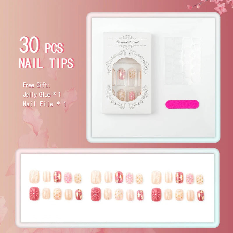 Press-On Nail Set Floral Designs & Gold Accents Easy Application
