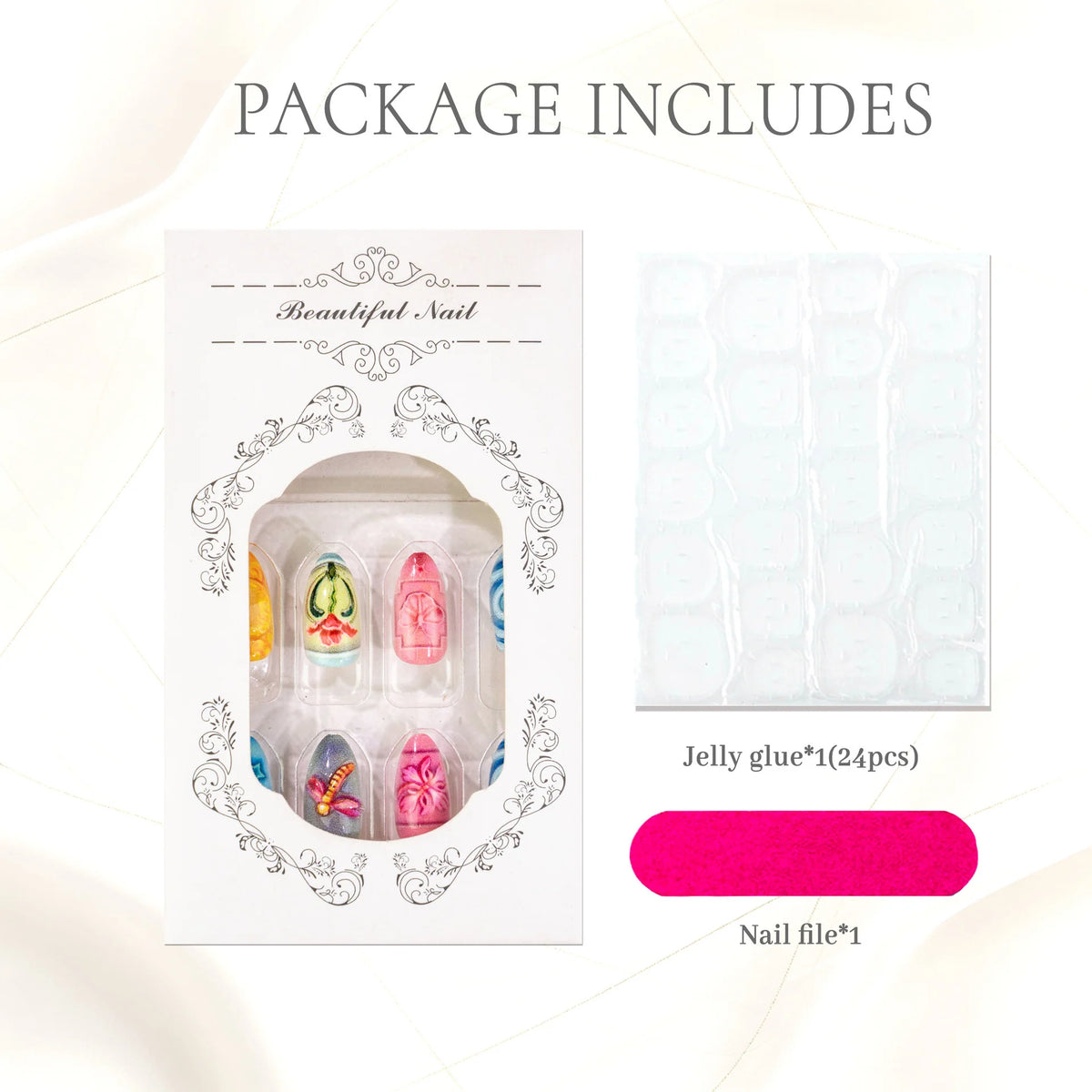 Press-On Nail Set Floral Designs Jelly Glue & File