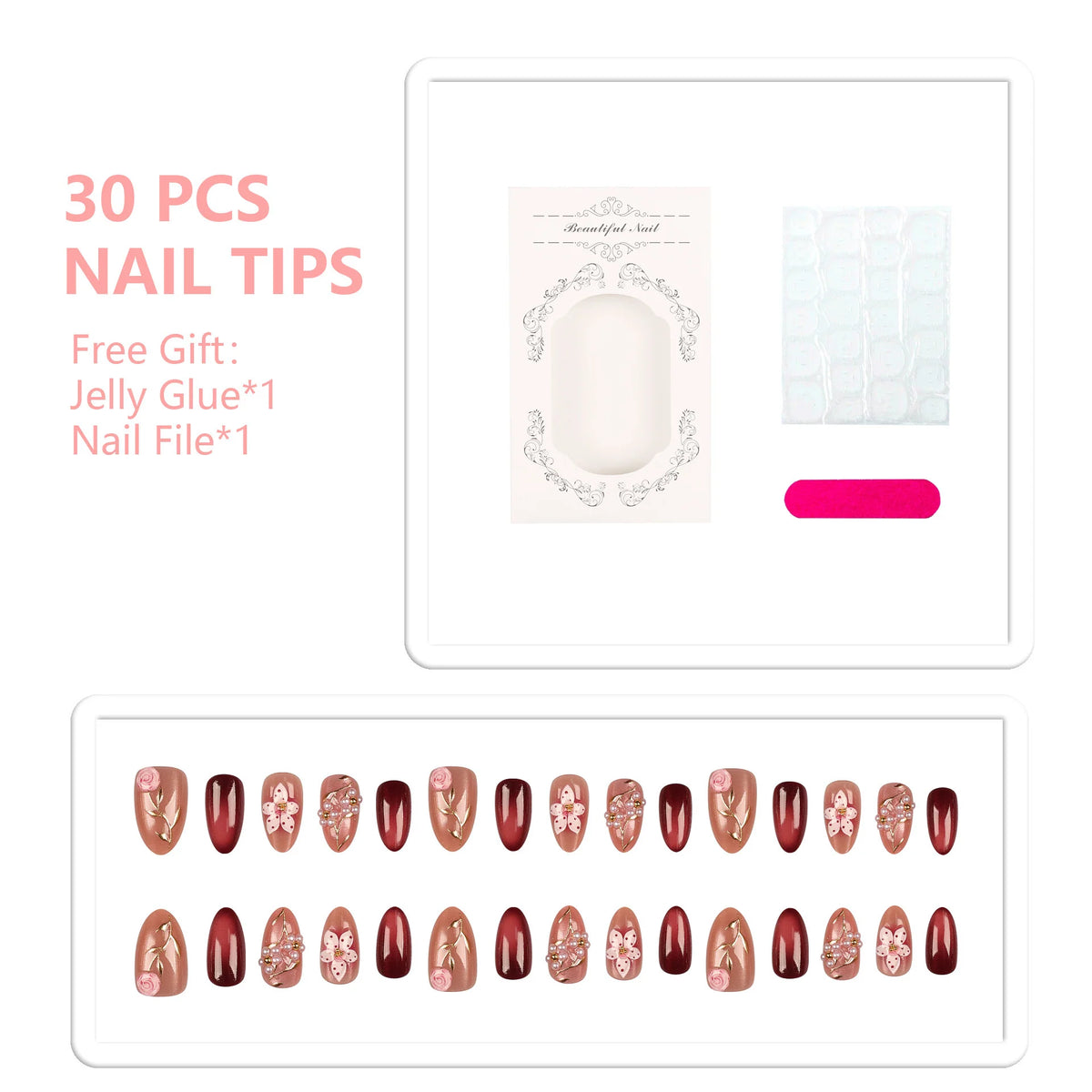 Press-On Nail Set Floral Designs Long-Lasting Wear