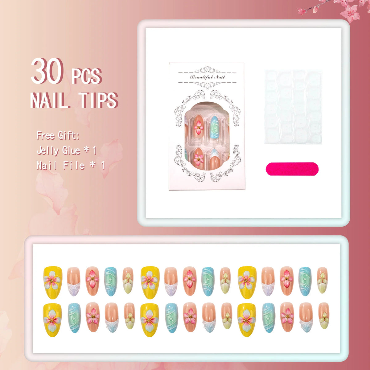 Press-On Nail Set Floral Designs Long-Lasting Wear
