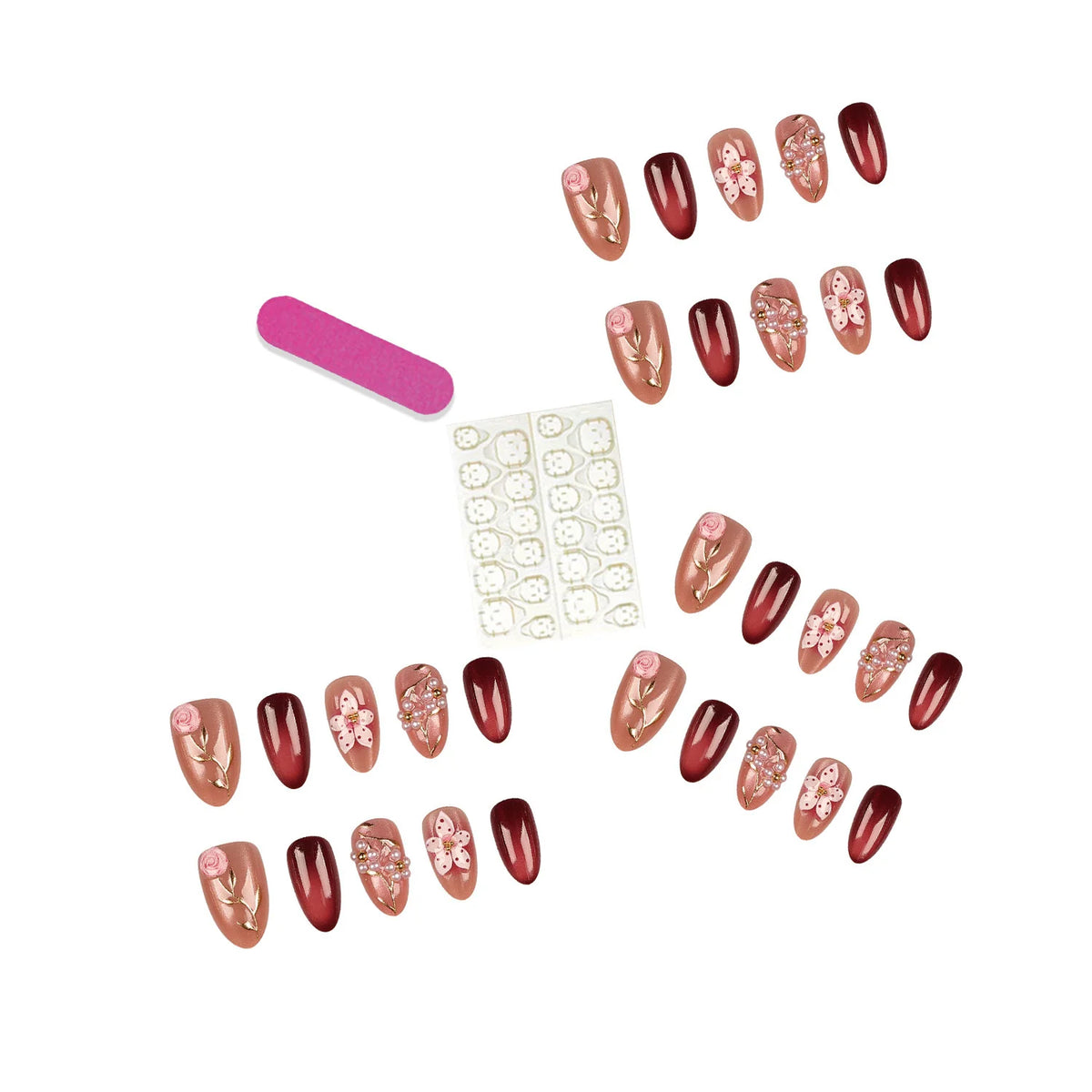 Press-On Nail Set Floral Designs Long-Lasting Wear