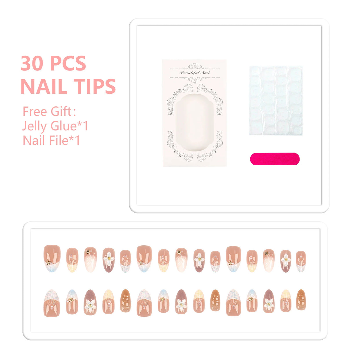 Press-On Nail Set Floral Designs Peel-and-Stick Multiple Sizes