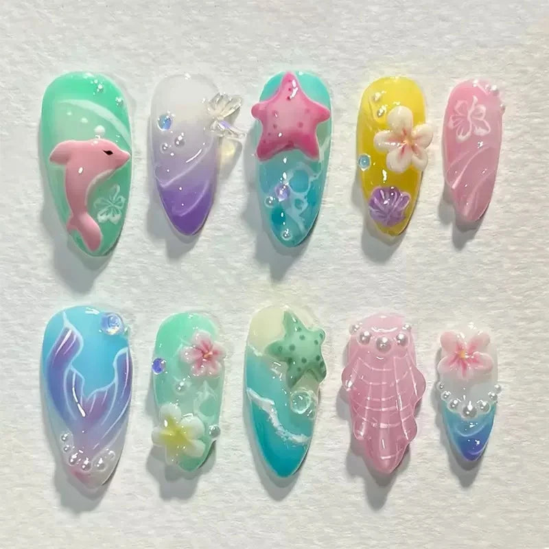 Press-On Nail Set Floral Designs Pre-Applied Adhesive Multiple Sizes