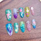 Press-On Nail Set Floral Designs Pre-Applied Adhesive Multiple Sizes
