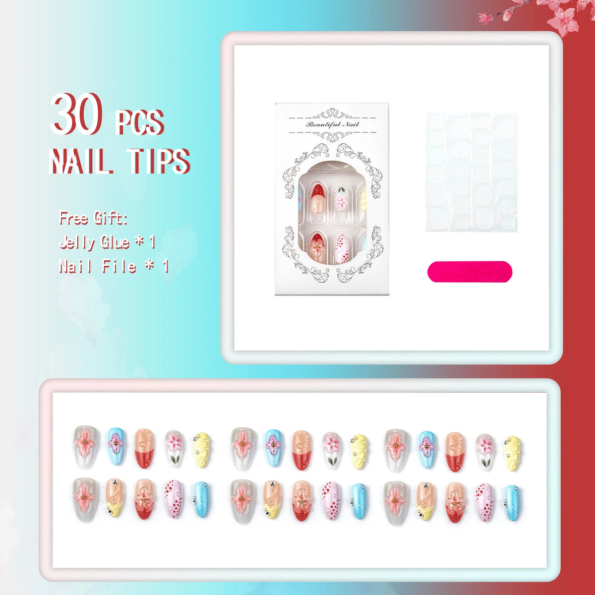 Press-On Nail Set Floral Designs Quick Application & Durable Fit