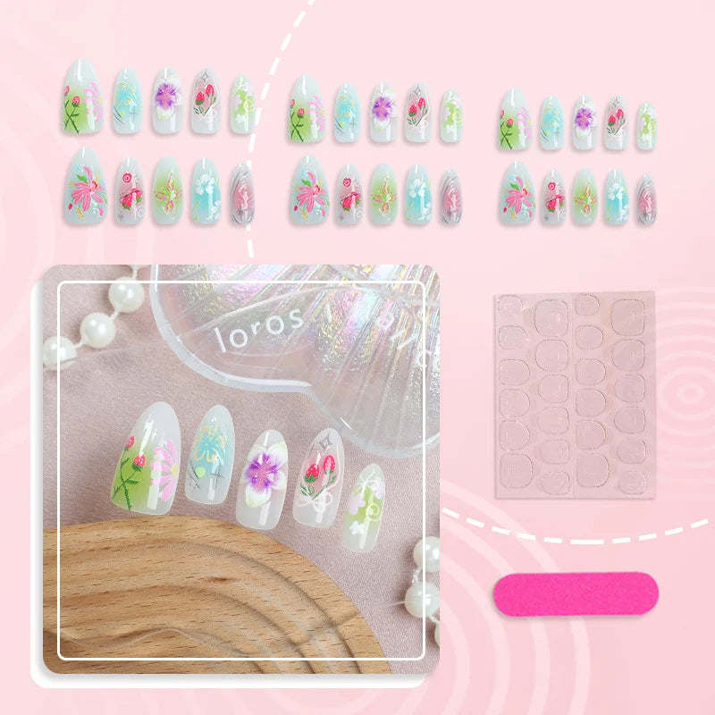 Press-On Nail Set Floral Designs Reusable