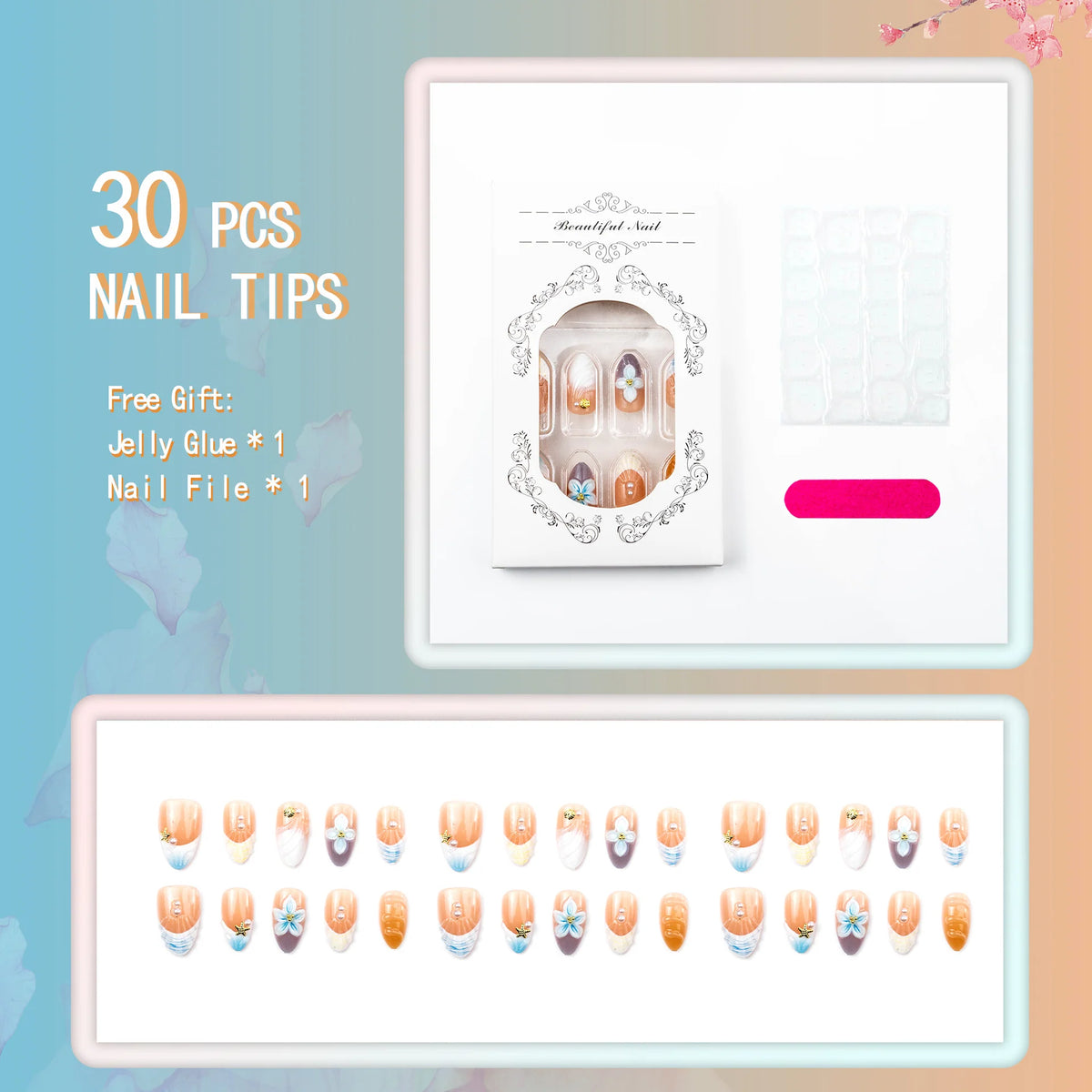 Press-On Nail Set Floral Designs Reusable & Easy Application