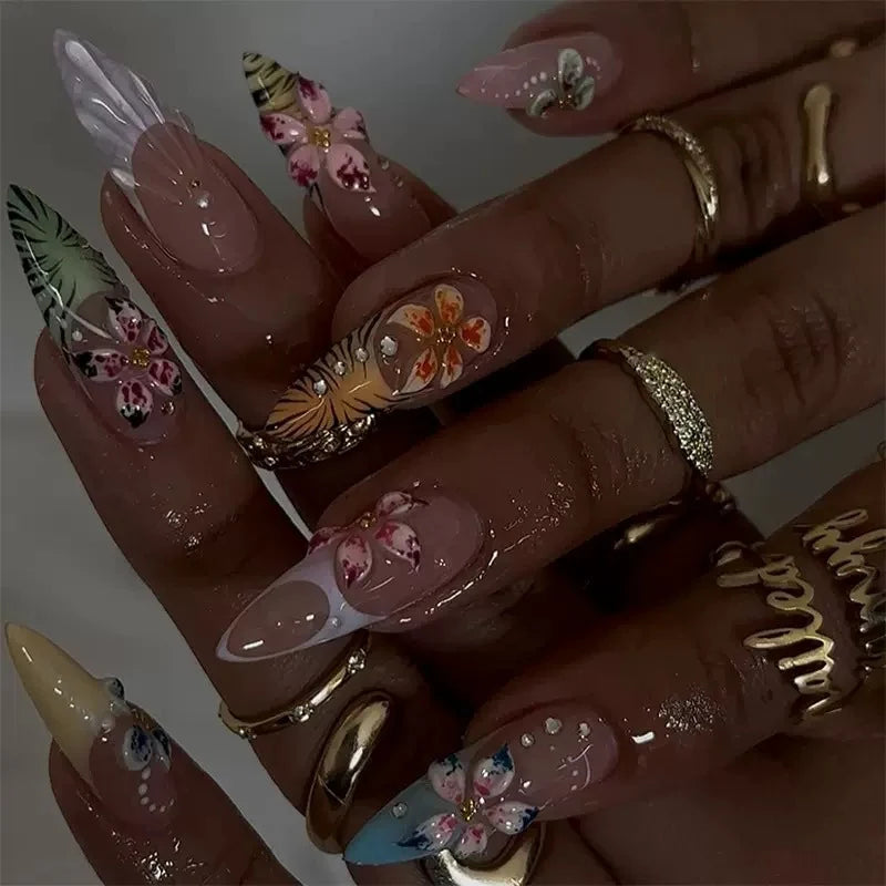 Press-On Nail Set Floral Designs Reusable & No Glue
