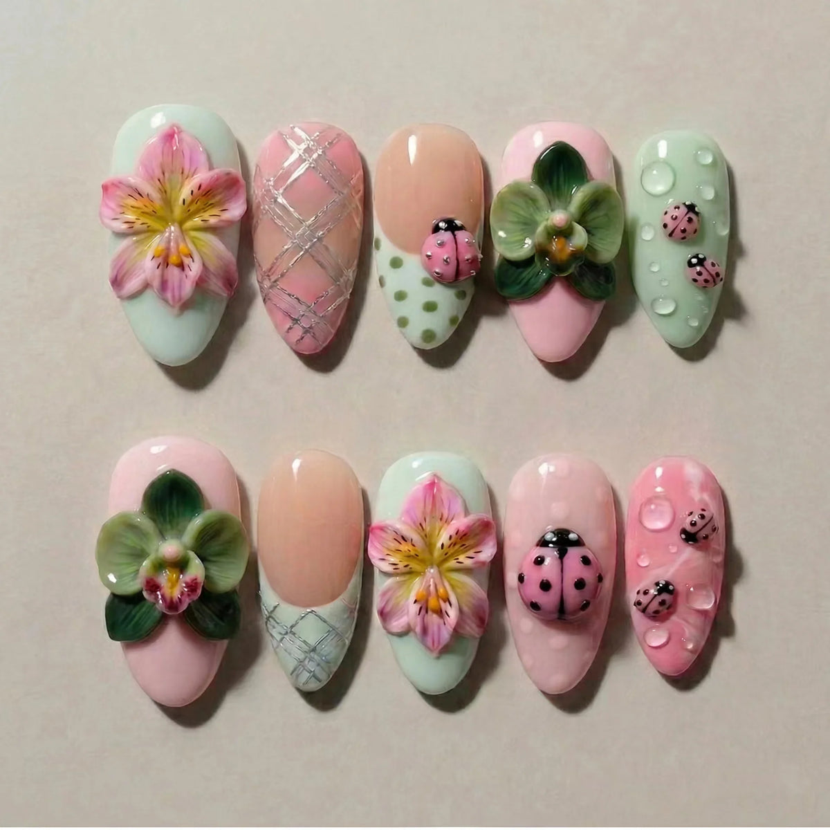 Press-On Nail Set Floral Designs Reusable Self-Adhesive