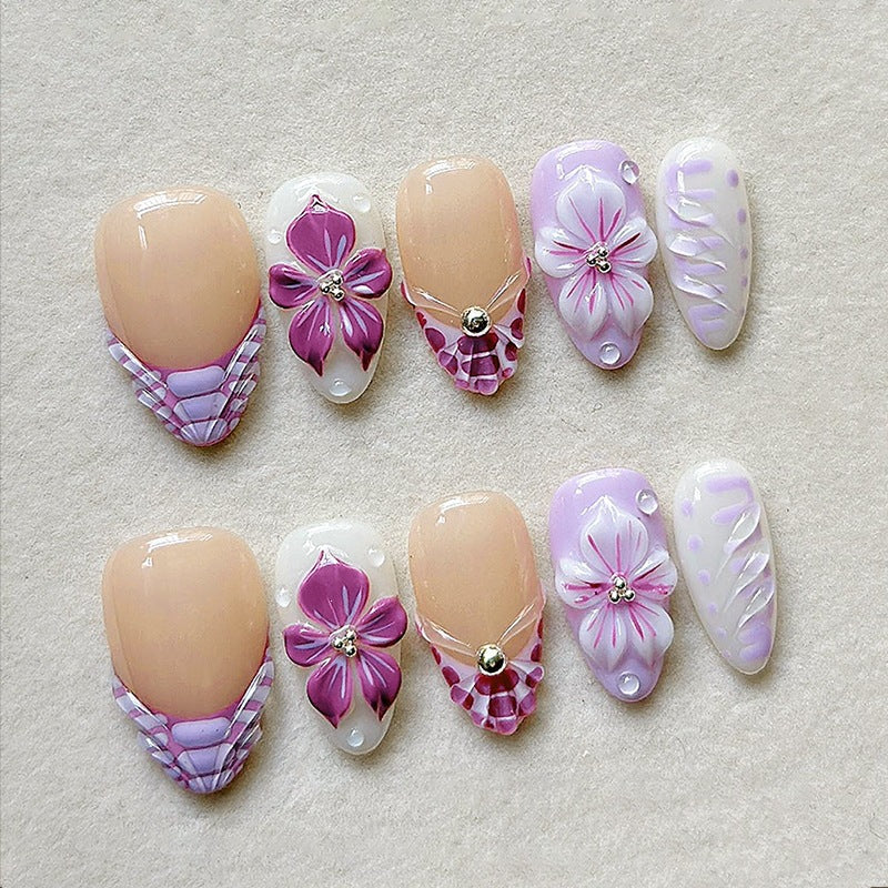 Press-On Nail Set Floral Designs Self-Adhesive Durable Fit