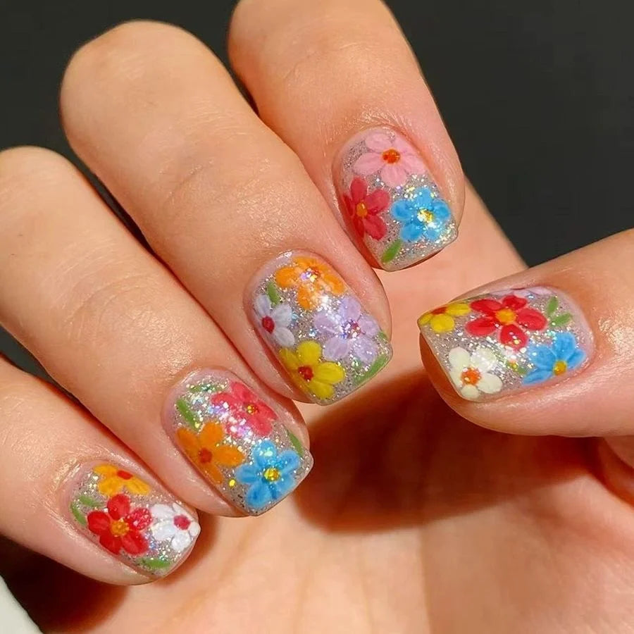 Press-On Nail Set Floral Durable Acrylic 24 Piece