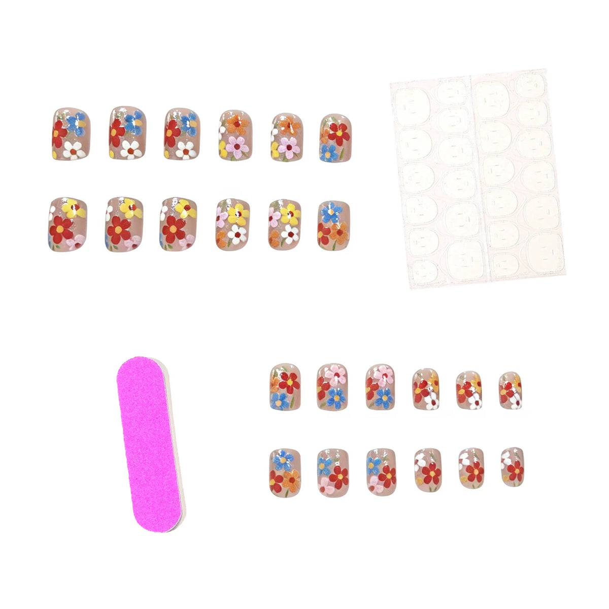 Press-On Nail Set Floral Durable Acrylic 24 Piece