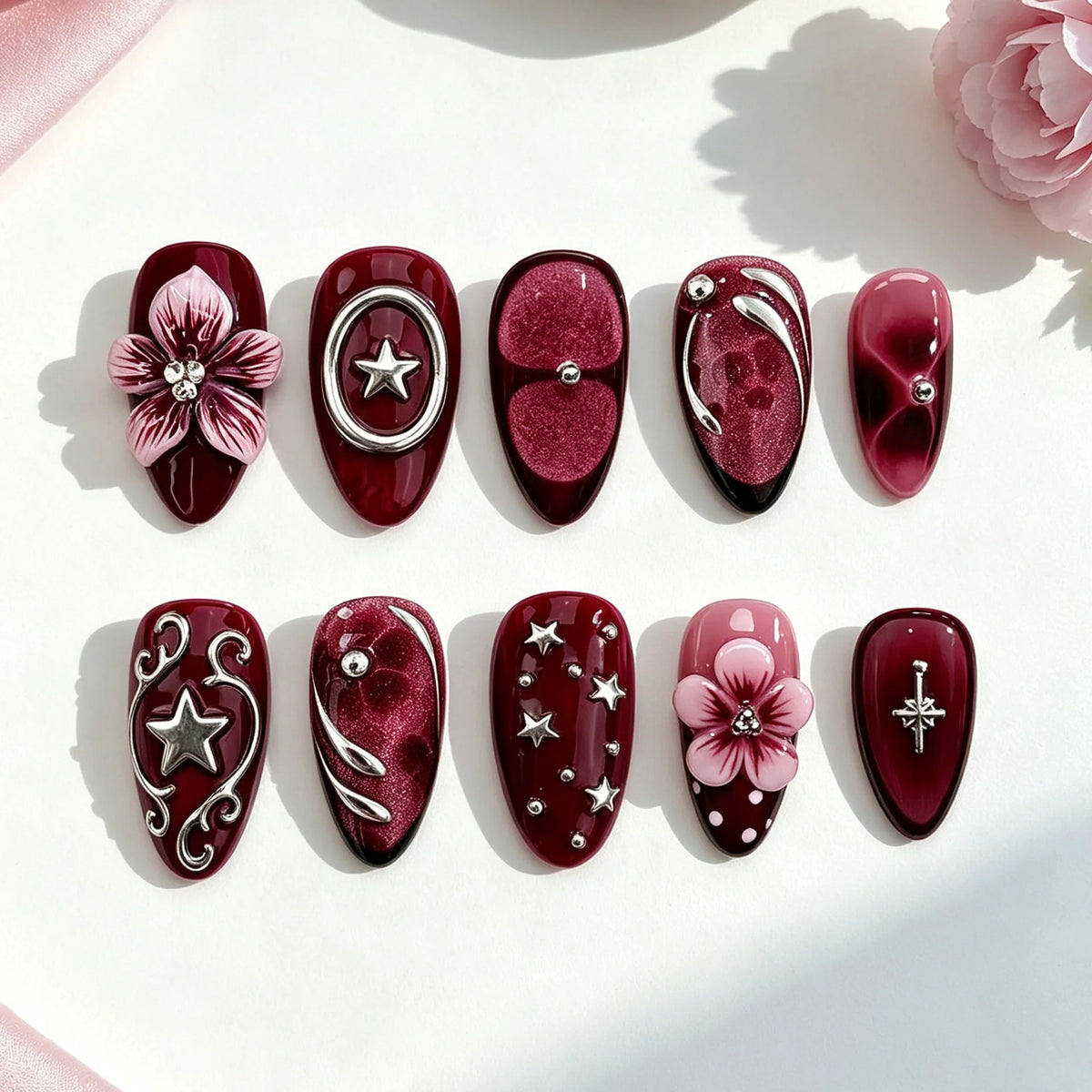Press-On Nail Set Floral Durable & Flexible