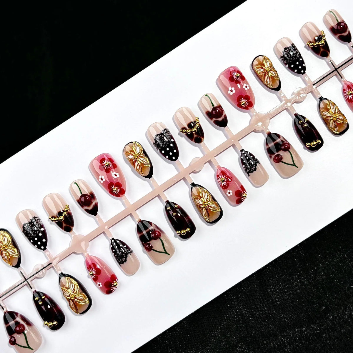 Press-On Nail Set Floral Embellished Adhesive-Backed & Reusable