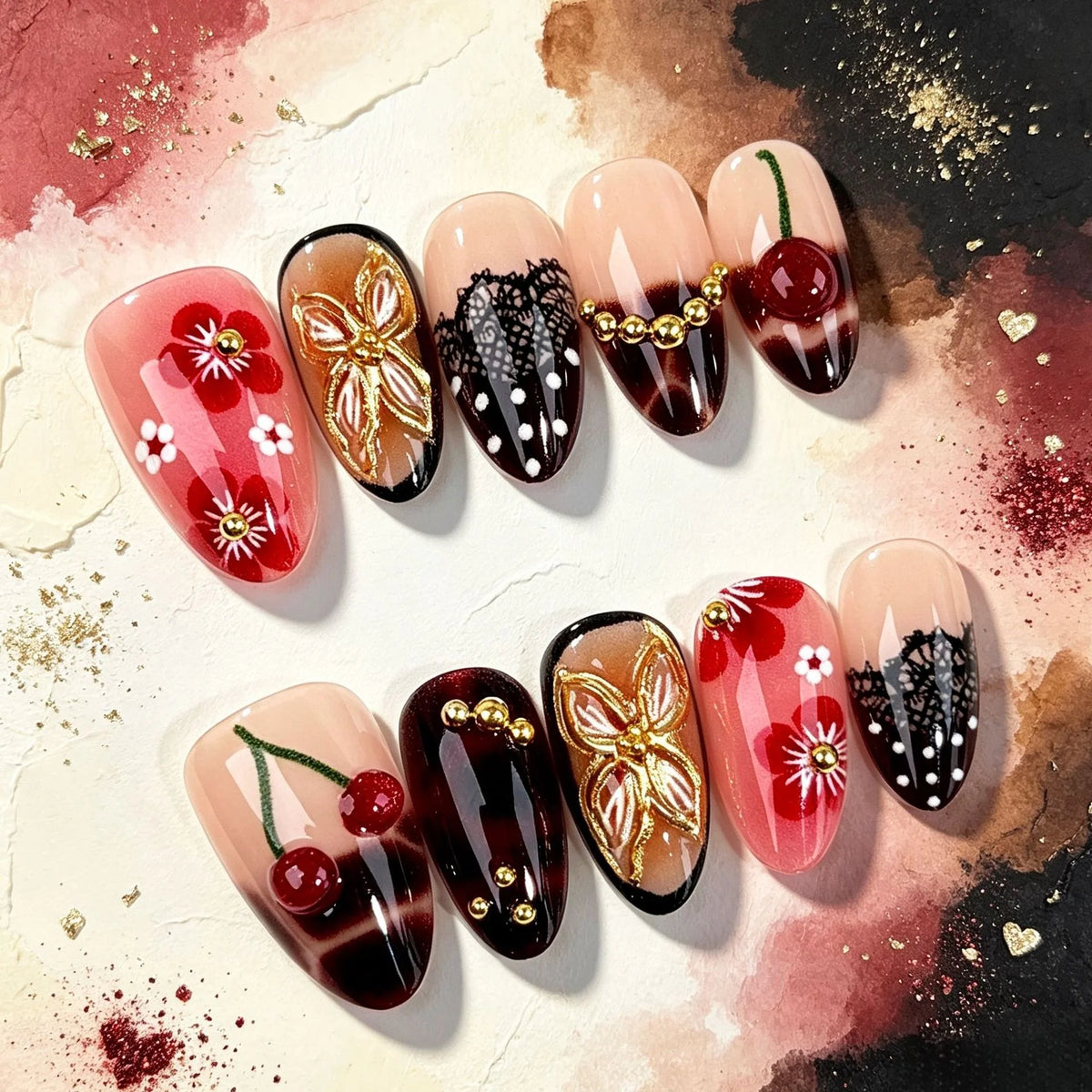 Press-On Nail Set Floral Embellished Adhesive-Backed & Reusable