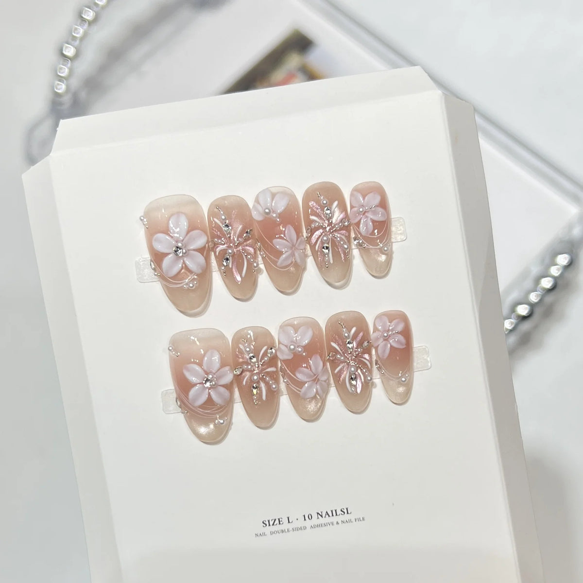 Press-On Nail Set Floral Embellished Adhesive & Reusable