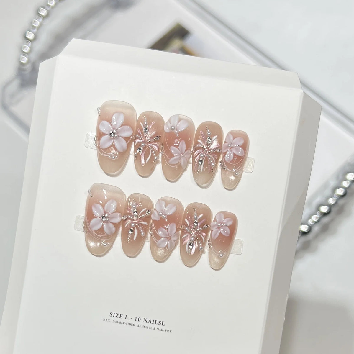 Press-On Nail Set Floral Embellished Adhesive & Reusable