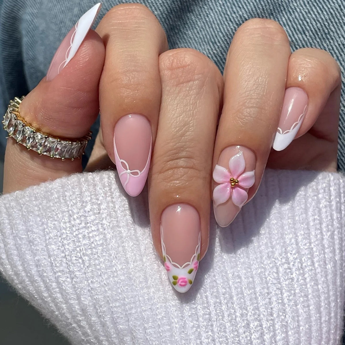 Press-On Nail Set Floral Embellished Adhesive Tabs Multiple Sizes