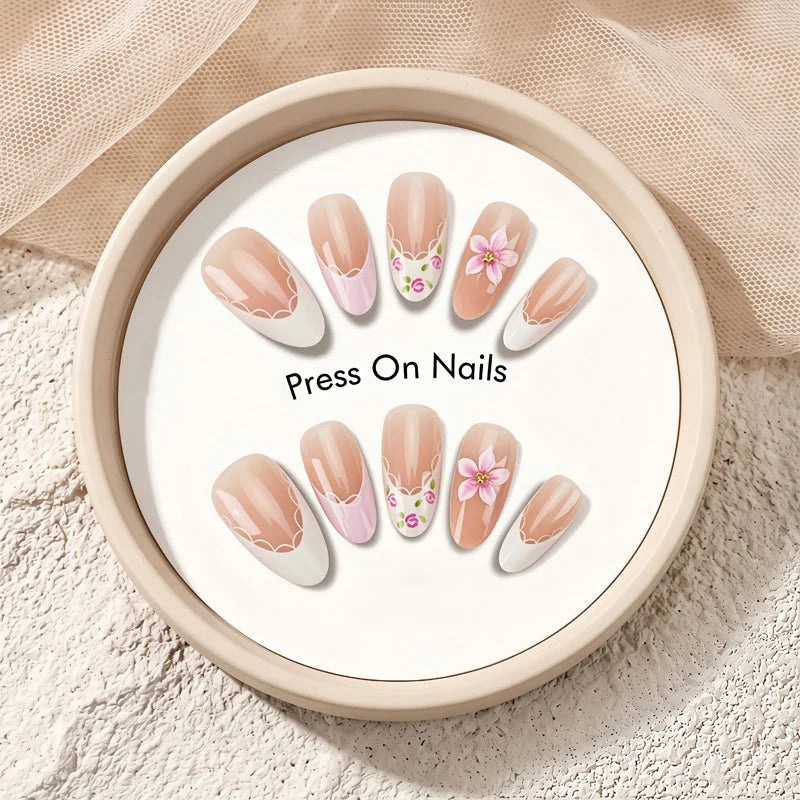 Press-On Nail Set Floral Embellished Adhesive Tabs Multiple Sizes