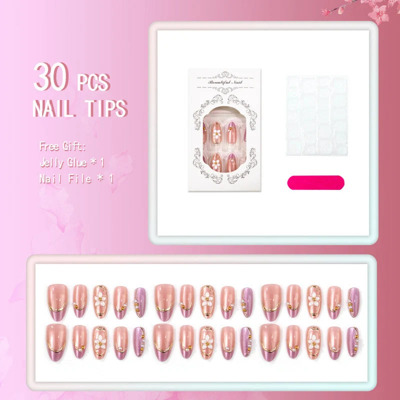 Press-On Nail Set Floral Embellished & Comfortable Fit