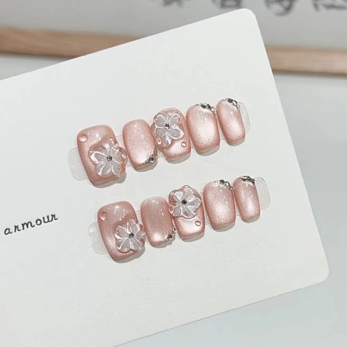 Press-On Nail Set Floral Embellished Crystal Accent Peel-And-Stick
