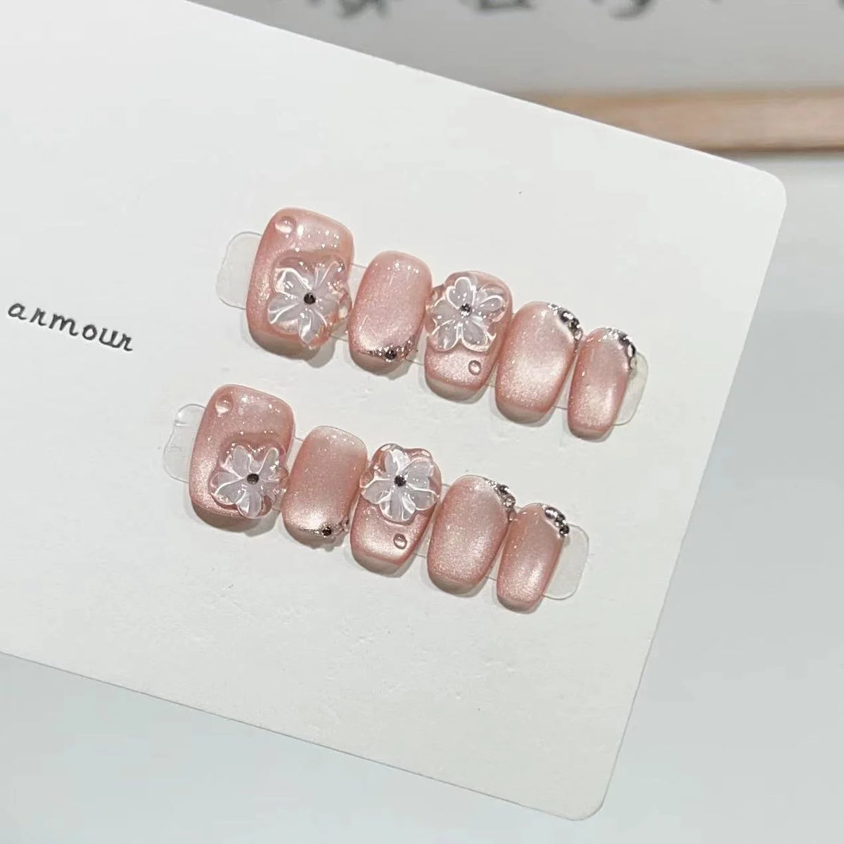 Press-On Nail Set Floral Embellished Crystal Accent Peel-And-Stick