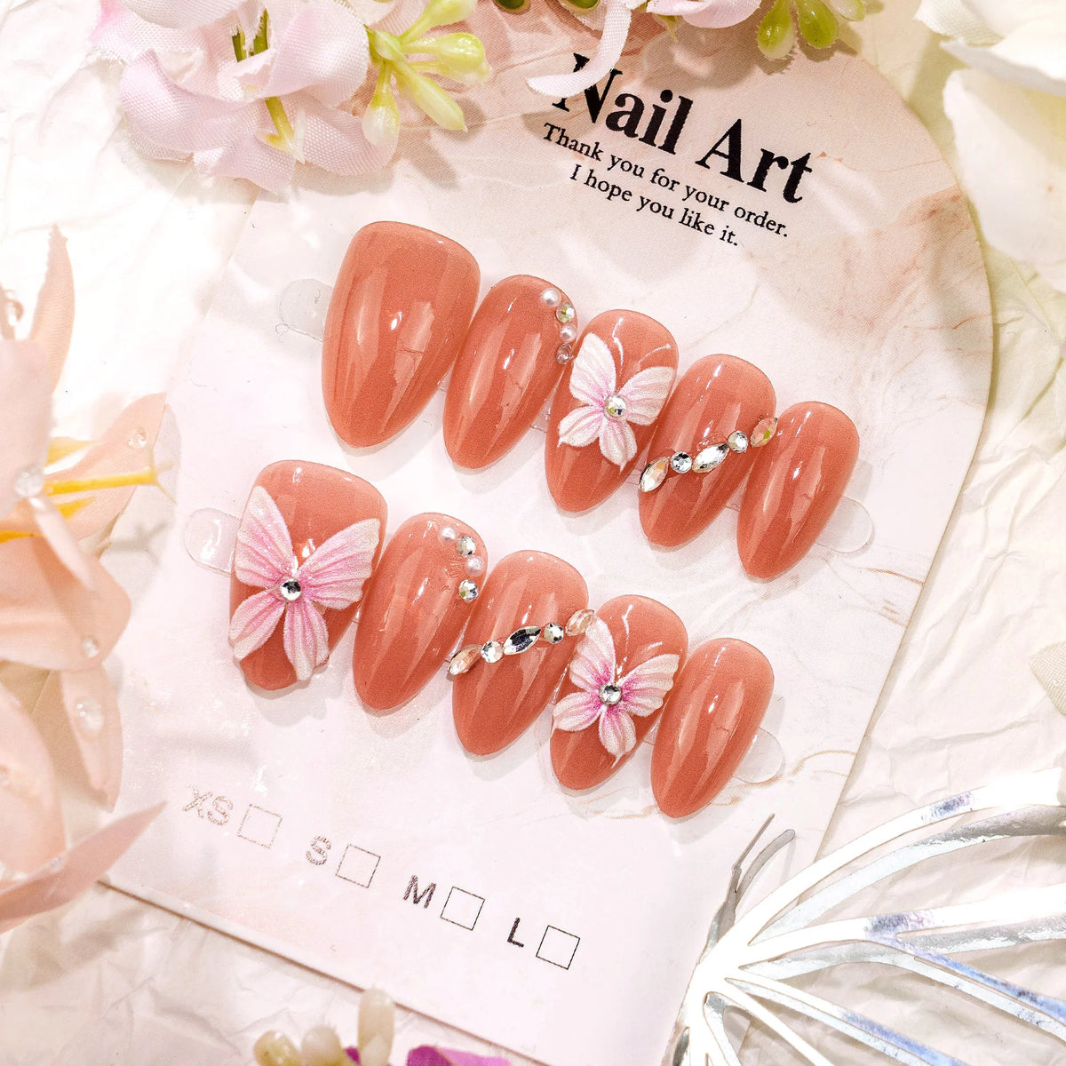 Press-On Nail Set Floral Embellished Easy Apply & Remove