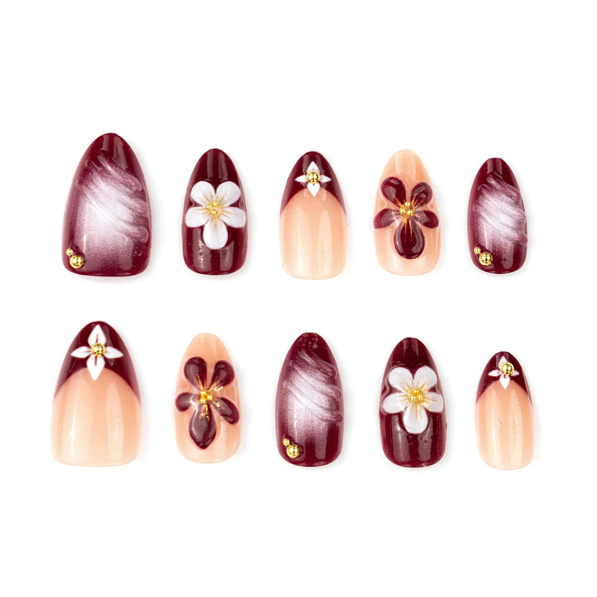 Press-On Nail Set Floral Embellished Glue-Free & Reusable