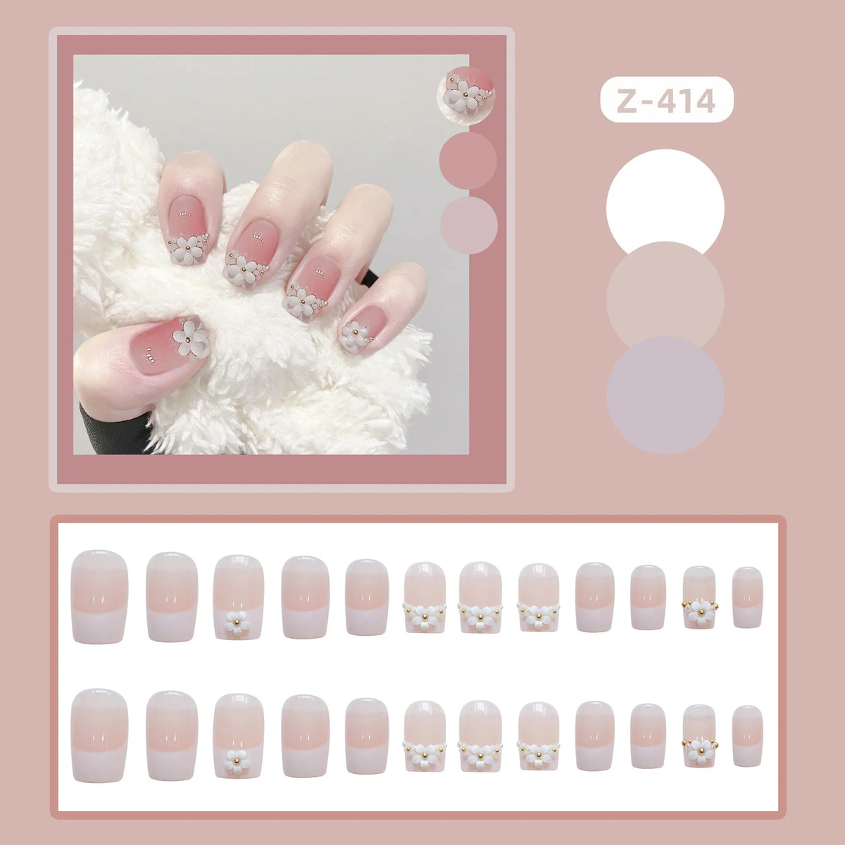 Press-On Nail Set Floral Embellished Glue-On & Reusable