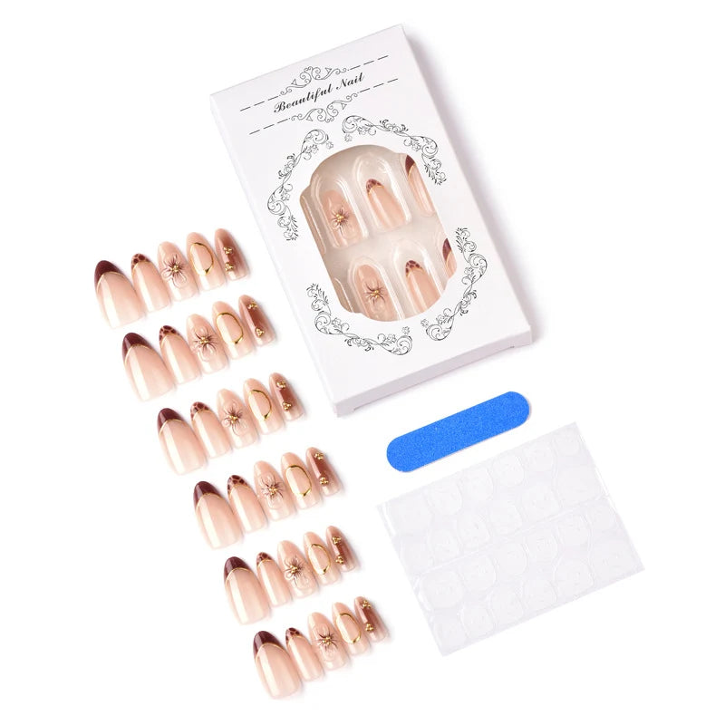 Press-On Nail Set Floral Embellished & Gold Accents