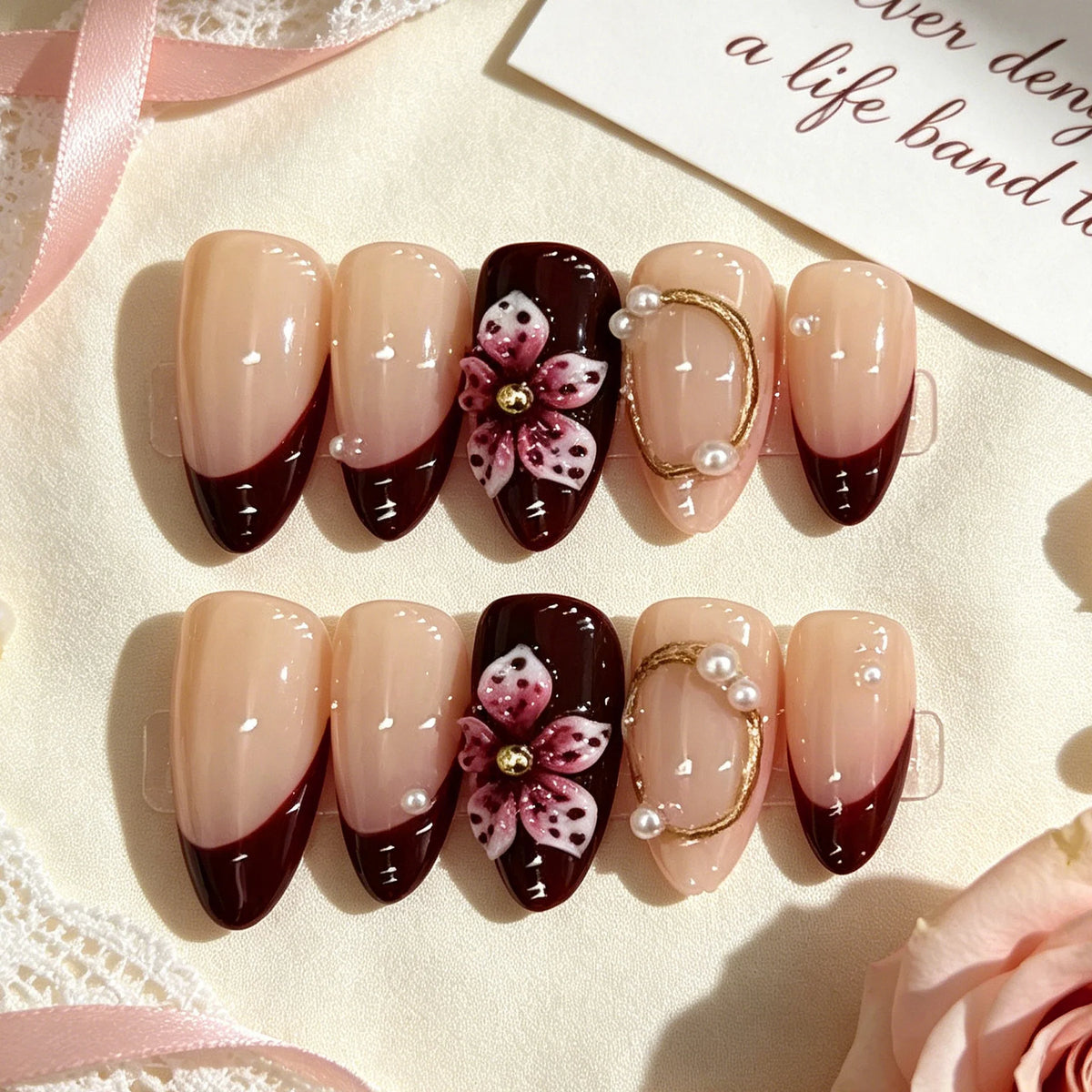 Press-On Nail Set Floral Embellished Lightweight Acrylic Pre-Applied Tabs
