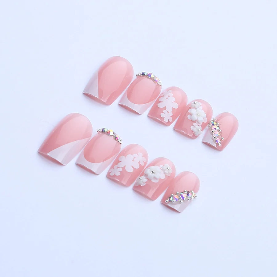 Press-On Nail Set Floral Embellished No Glue Long-Lasting