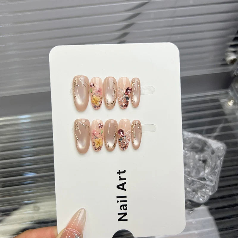 Press-On Nail Set Floral Embellished No Glue Multiple Sizes