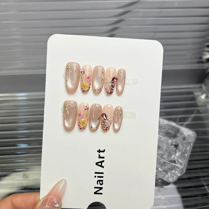 Press-On Nail Set Floral Embellished No Glue Multiple Sizes