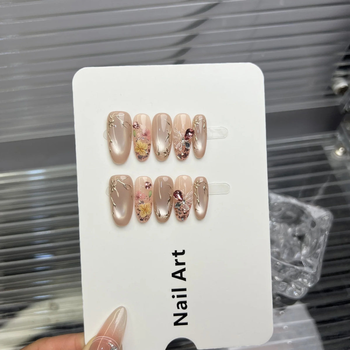 Press-On Nail Set Floral Embellished No Glue Multiple Sizes