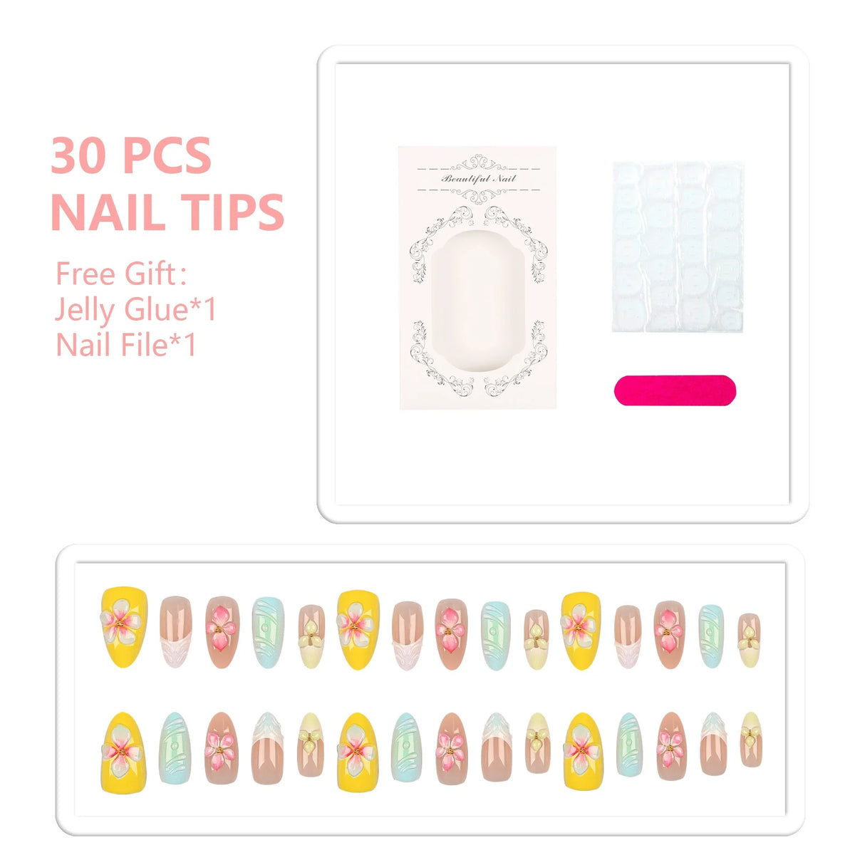 Press-On Nail Set Floral Embellished Peel & Stick Comfortable Fit