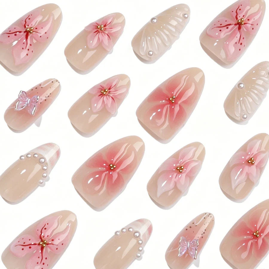 Press-On Nail Set Floral Embellished Pre-Glued Acrylic