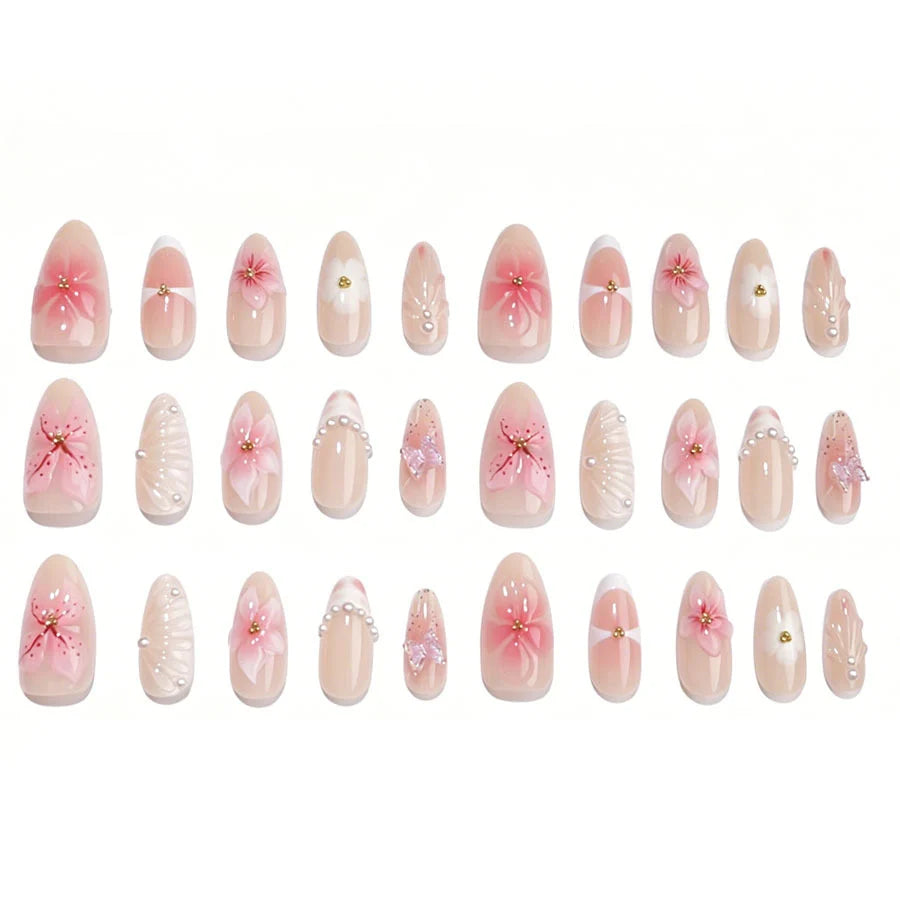 Press-On Nail Set Floral Embellished Pre-Glued Acrylic