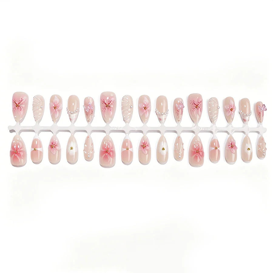 Press-On Nail Set Floral Embellished Pre-Glued Acrylic
