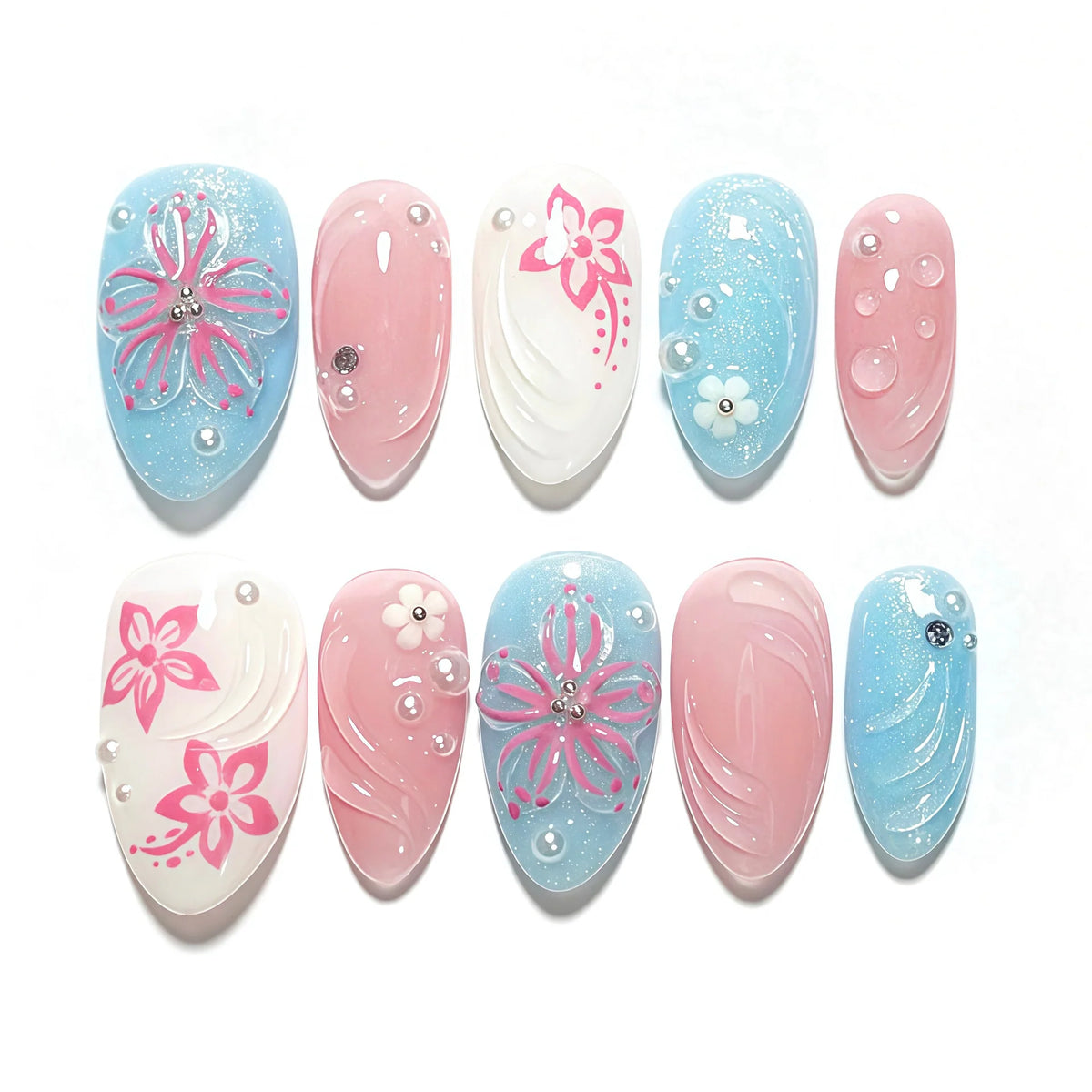Press-On Nail Set Floral & Embellished Pre-Glued Long-Lasting