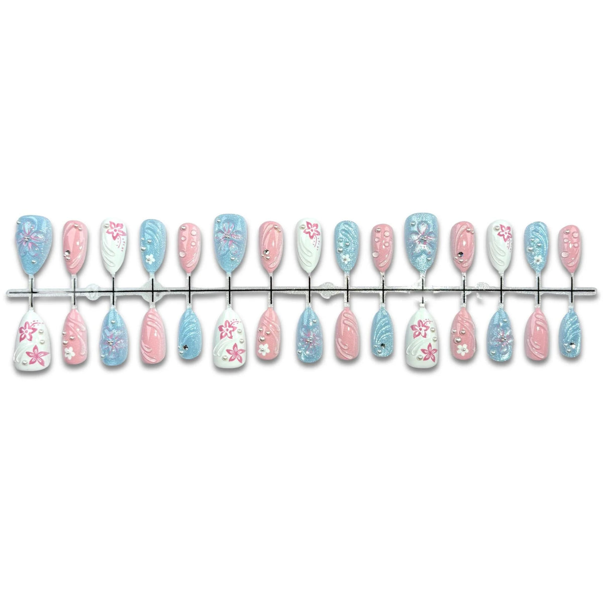 Press-On Nail Set Floral & Embellished Pre-Glued Long-Lasting