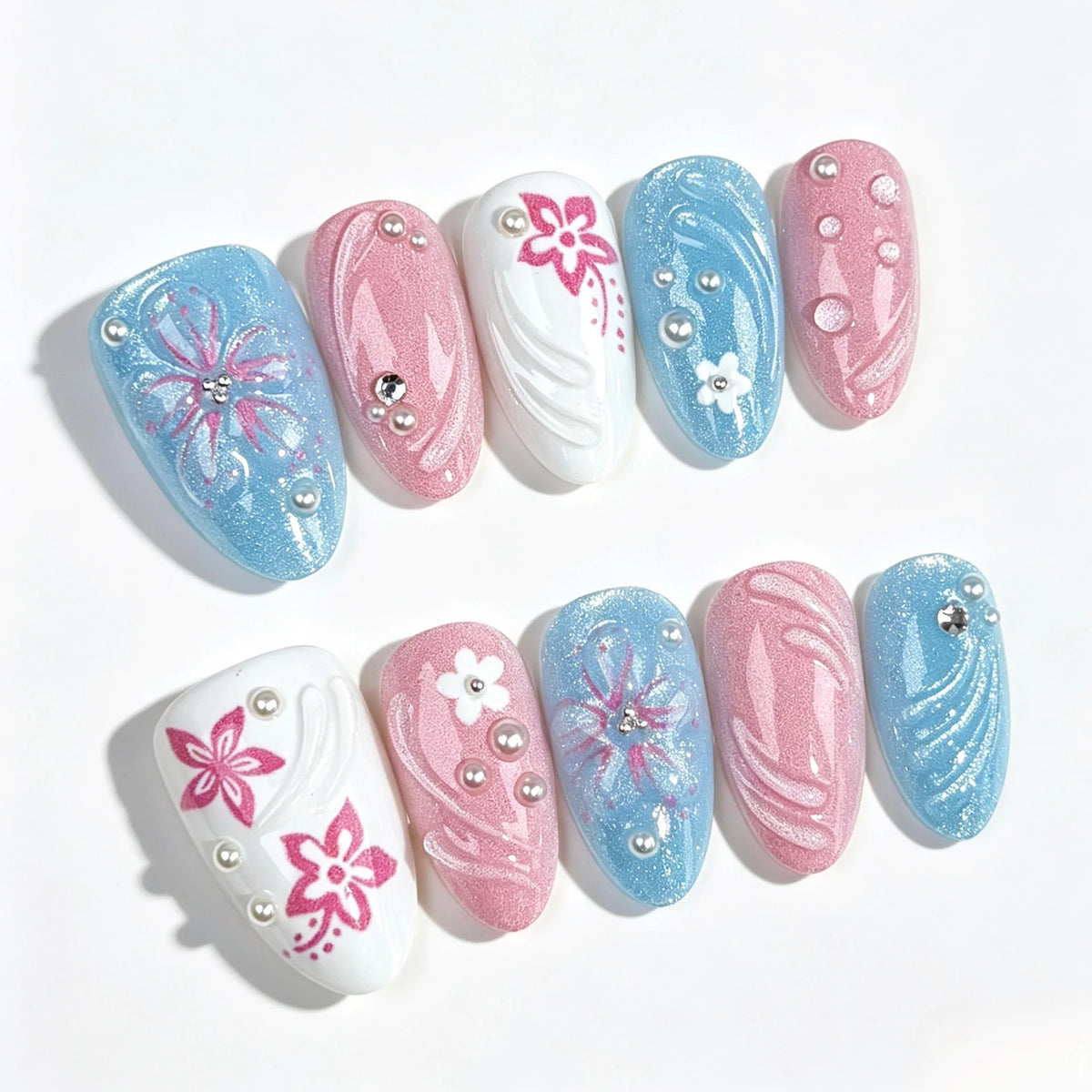 Press-On Nail Set Floral & Embellished Pre-Glued Long-Lasting